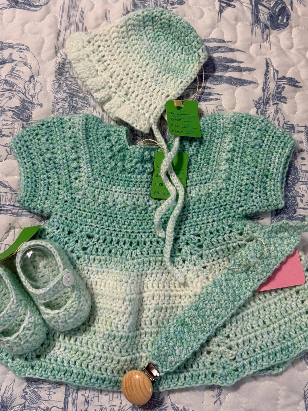 Handmade Mint Green Crochet Baby Matching Set with Hat and Booties